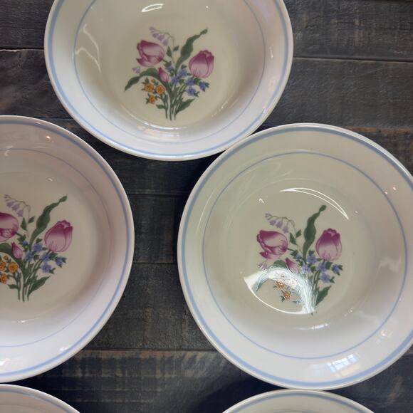 Vintage Kitchen Pink Tulip 6 7/8" Stoneware Dinner Bowls Set Of 5 - Picture 6 of 6